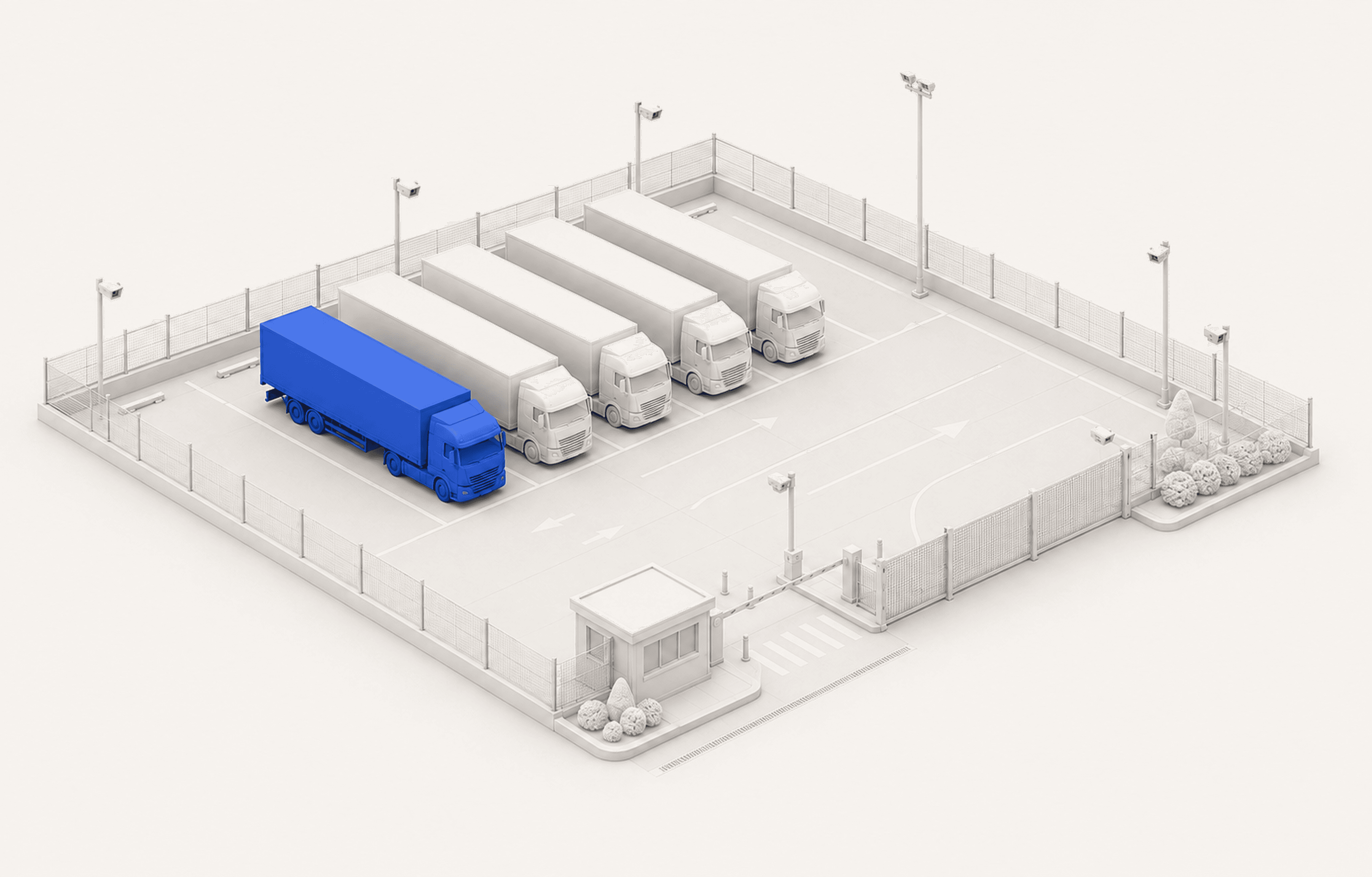 Isometric 3D render of a secure, gated HGV parking yard with a member's blue truck parked among white lorries